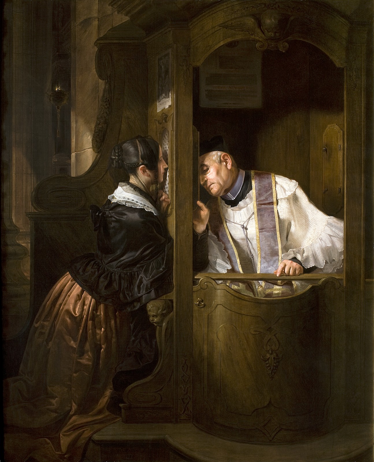 A painting of a woman confessing to a priest